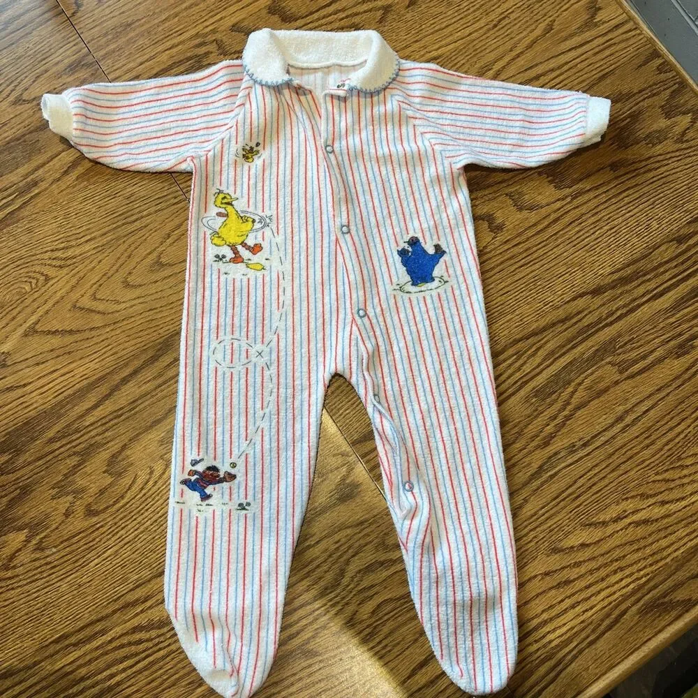 VTG Baby Sesame Street Baseball Terry Footy Pajamas Size 1 18.5-23 Lbs. JC Penny